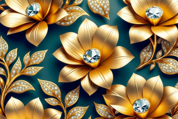 Gold flowers and diamonds on dark blue background