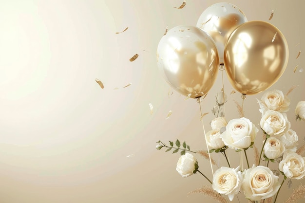 Gold foil balloons with flying white roses and ranunculuses on an ivory background celebration wedding or birthday card