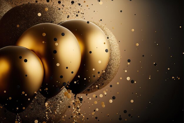 Gold foil party balloons on gold confetti background and shiny serpentine for New Year festive panel