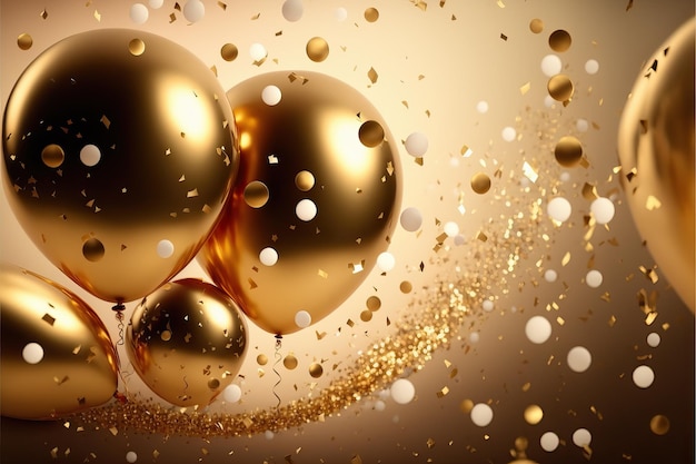Gold foil party balloons on gold confetti background and shiny serpentine for New Year festive panel