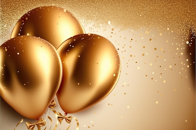 Photo gold foil party balloons on gold confetti background and shiny serpentine for new year festive panel