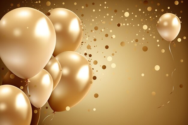 Gold foil party balloons on golden confetti background