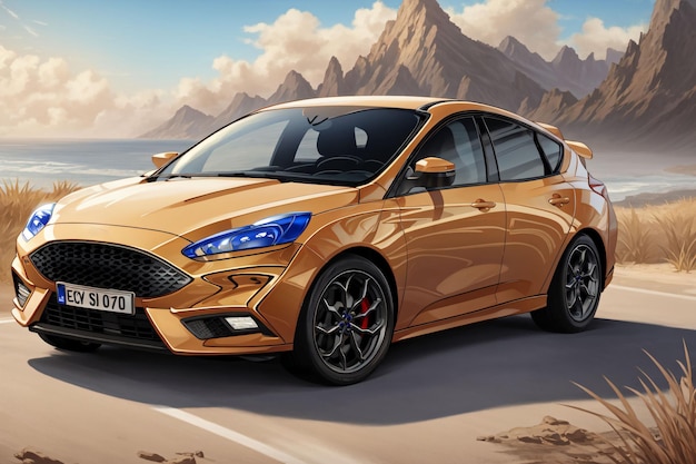 A gold ford focus is on the road