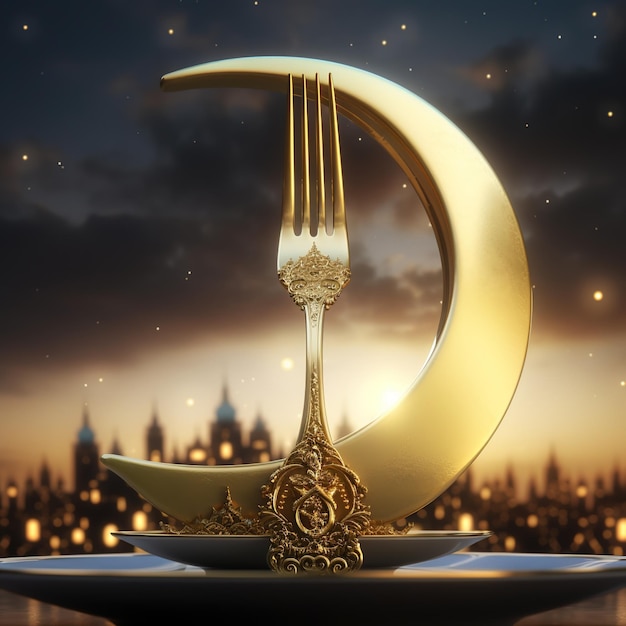 A gold fork and a crescent on a plate with a city in the background.