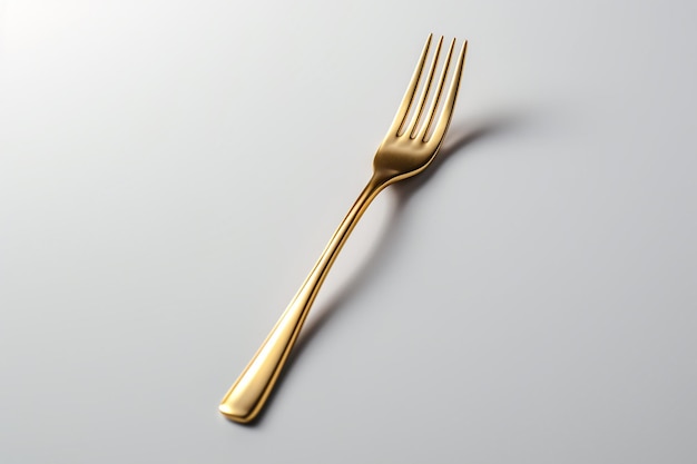 A gold fork is sitting on a table with the word on it