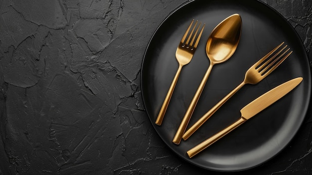 Gold fork knife and spoon frame against open black copy space