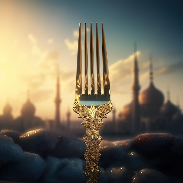 Foto una forchetta d'oro con sfondo blu e una città sullo sfondo.