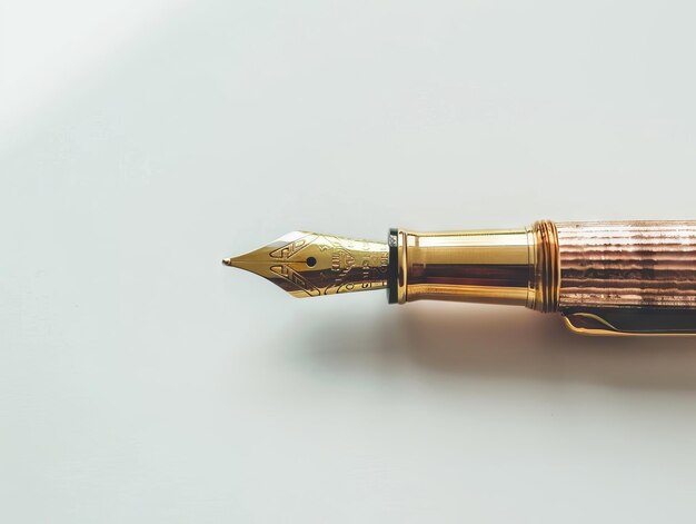 A gold fountain pen on a white surface