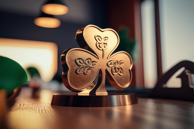 A gold four leaf clover award sits on a table in a bar.