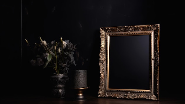 A gold frame next to a candle holder