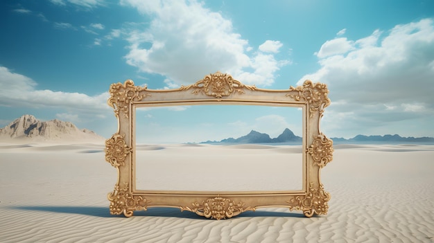 gold frame on the desert with sky and mountains