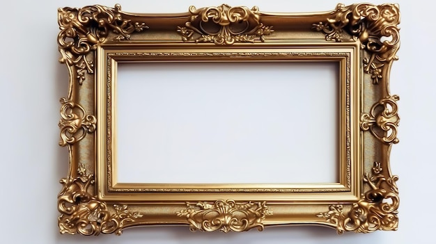 Gold frame for a picture in a classic baroque style on a white blank background Generative Ai