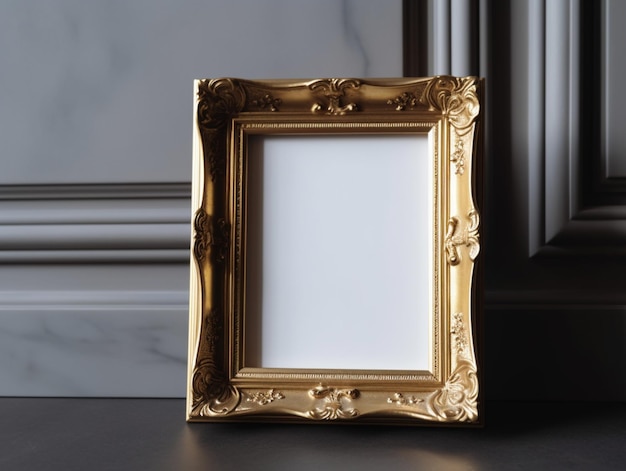 A gold frame sits on a black table.