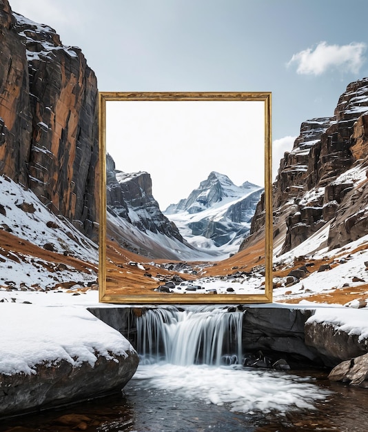 a gold frame on a snowy mountain landscape