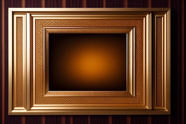 A gold frame on a wall with a dark brown striped wall.