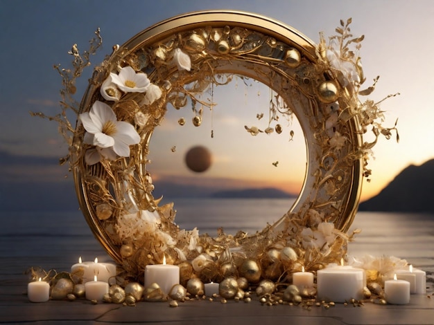 a gold frame with a circle with flowers and a circle with a star in the middle