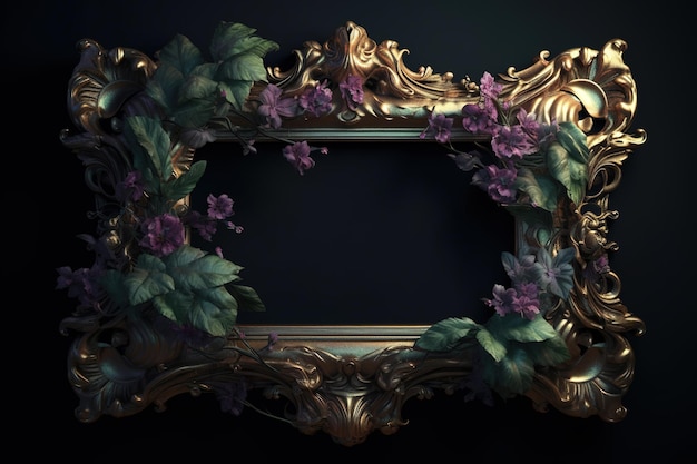 a gold frame with flowers and foliage of a deep purple color