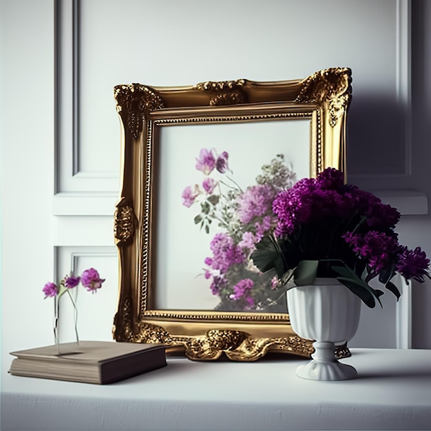 Photo gold frame with flowers on white table in room