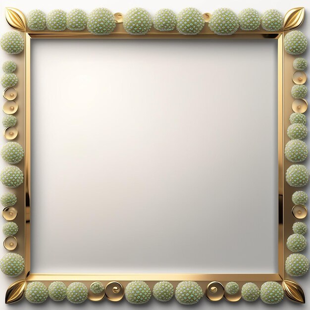 A gold frame with green beads and a gold border.