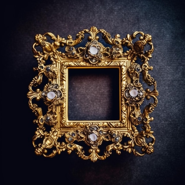 A gold frame with pearls on it is on a dark background.