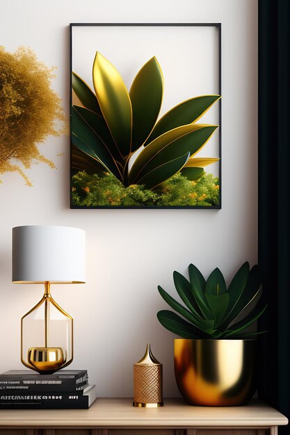 Gold frame over a wood desk with magazines and plant mockup