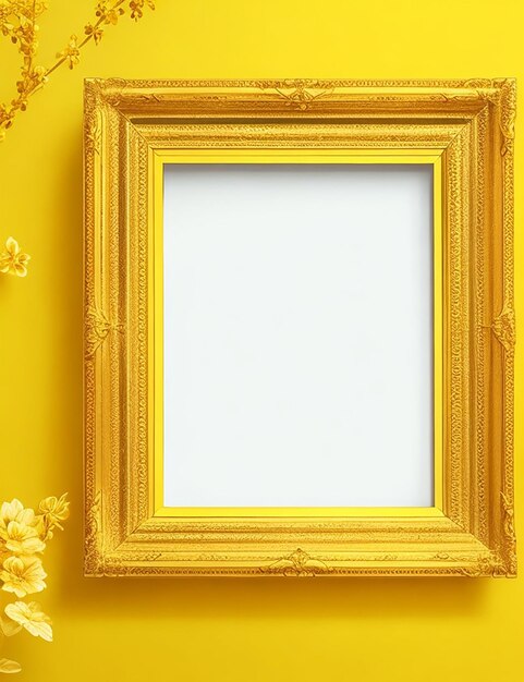 Gold frame on a yellow color wall generated by ai