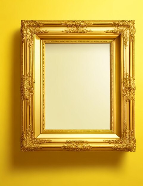 Photo gold frame on a yellow color wall generated by ai