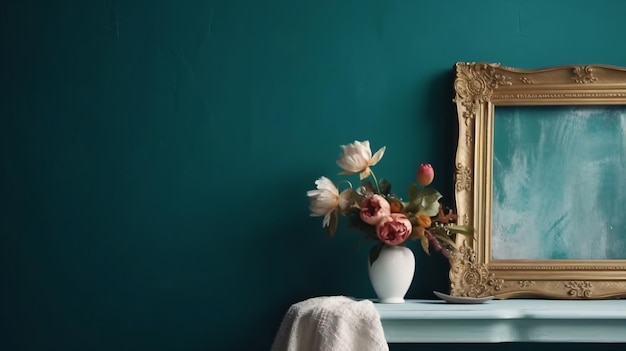 A gold framed mirror on a blue wall with a white vase of flowers on top of it.