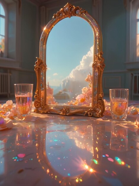 a gold framed mirror sits on a marble table with glasses and a reflection of a sunset on the table