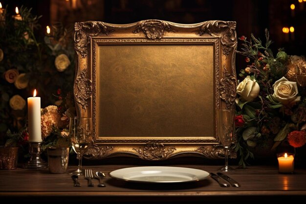 a gold framed picture of a dinner plate with a candle in the middle.