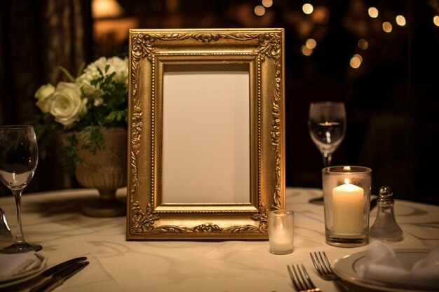 a gold framed picture frame is on a table with a candle in the center.