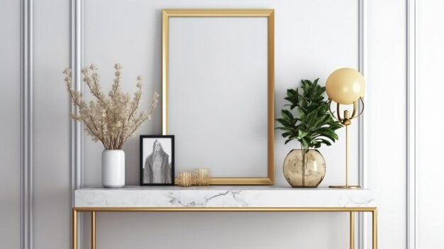 A gold framed picture on a white shelf with a gold frame on it.