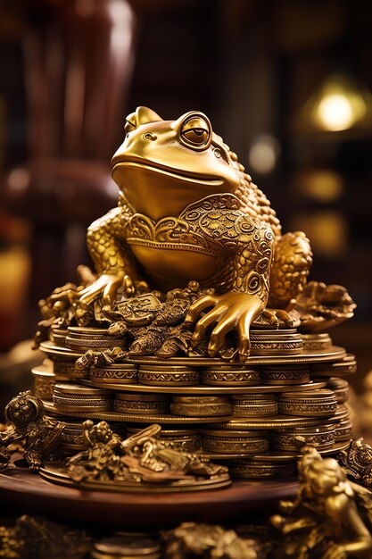 A gold frog statue on a pile of coins