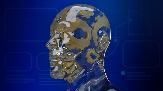 The gold gear inside human crystal  head  for ai or machine learning  for technology  concept 3d rendering