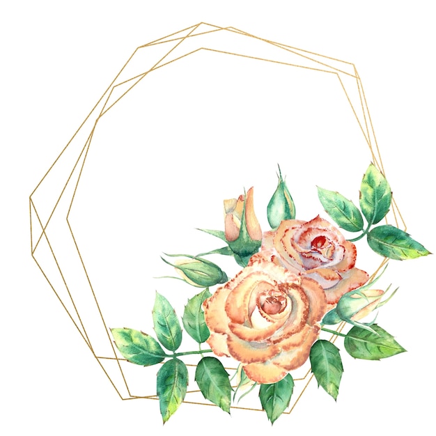 Gold geometric frame decorated with flowers. Peach roses, green leaves, open and closed flowers. Watercolor illustration.