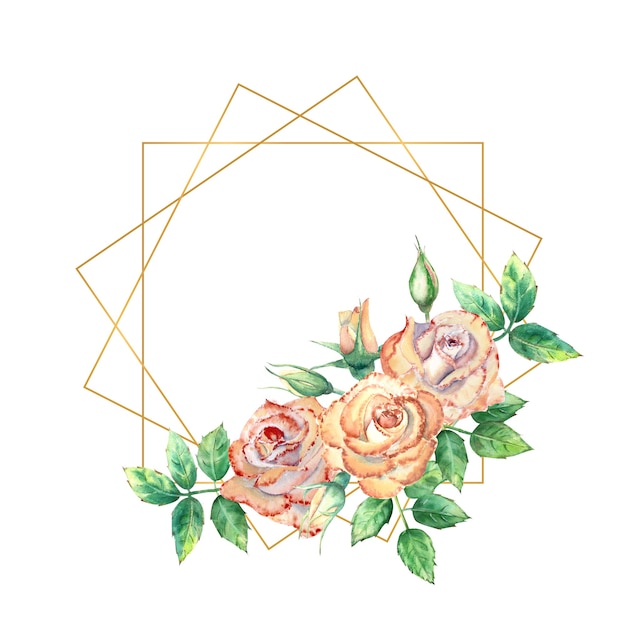 花で飾られたゴールドの幾何学的なフレーム。桃のバラ、緑の葉、開いた花と閉じた花。水彩イラスト。