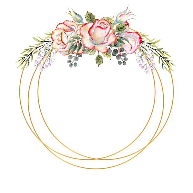 Cornice geometrica dorata con un mazzo di rose bianche con foglie, ramoscelli decorativi e bacche su sfondo bianco isolato. illustrazione ad acquerello per loghi, inviti, biglietti di auguri, ecc.