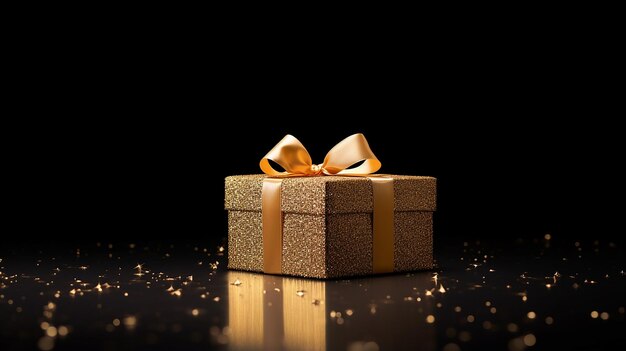 gold gift box gold ribbon and bow with gold glitter on black background