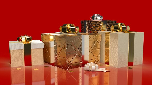 The gold gift box on red background for celebration or holiday concept 3d rendering