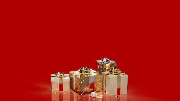 The gold gift box on red background for celebration or holiday concept 3d rendering