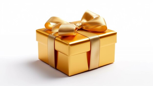 A gold gift box with a bow on it