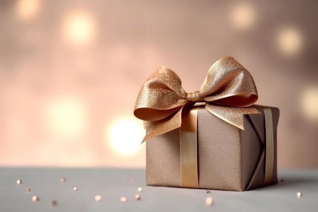 A gold gift box with a bow on it