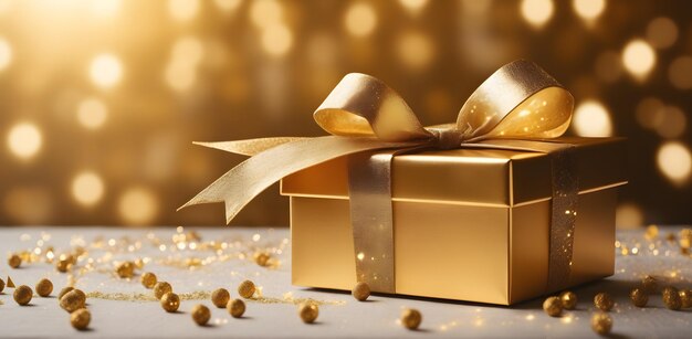 Золотая подарочная коробка с золотой лентой Концепция праздника или дня рождения с пространством для копирования для вашего дизайна
