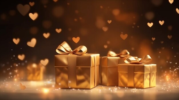 금색 리본과 사랑의 반이는 배경으로 된 금색 선물 상자