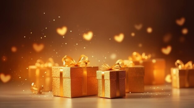 Gold gift box with gold ribbon and love sparkle background