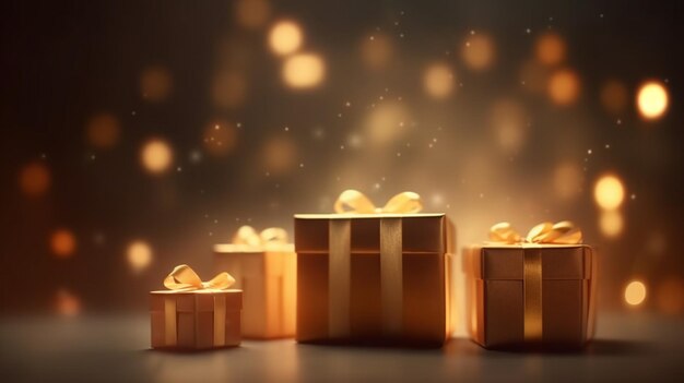 Золотая подарочная коробка с золотой лентой и любовным блеском на заднем плане