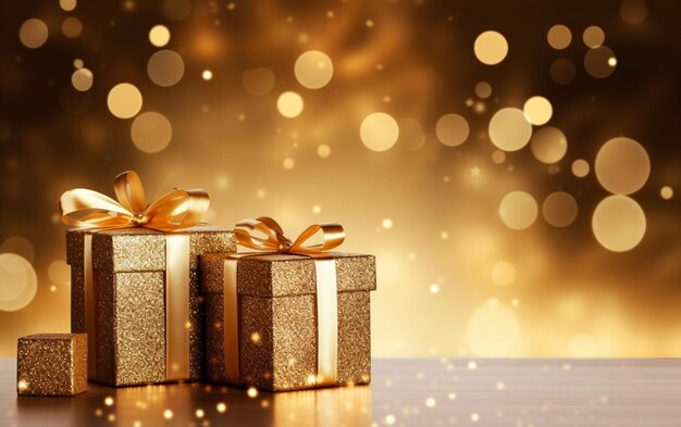Золотые подарочные коробки и частицы золотого блеска на светлом фоне боке
