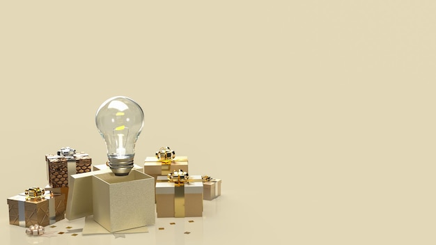 Foto le scatole regalo in oro e la lampadina per il rendering 3d del concetto creativo