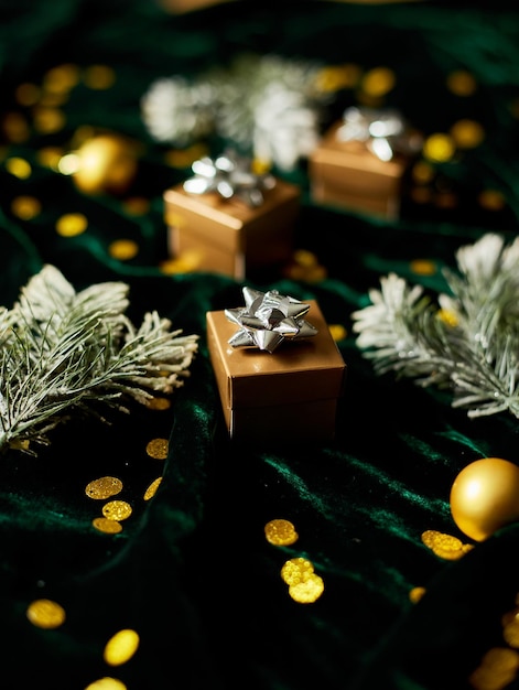 Золотые подарочные коробки с серебряной лентой на блестящем велюровом зеленом фоне с рождественскими украшениями Плоская планировка Скопируйте пространство Счастливого Рождества