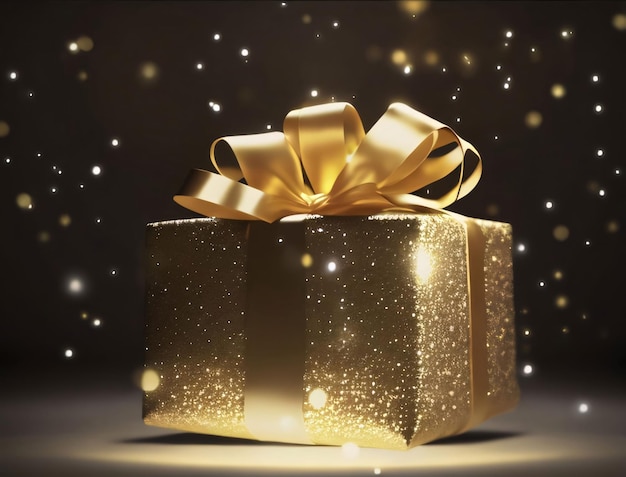 Gold gift with glitter with gold bow in the background bokeh effect Gifts as a day symbol of present and love